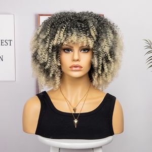 Damenperücke, synthetisches Haar, lockig, 35,6 cm lang, 200 % Dichte, afrikanische Mode-Explosionsrolle, kurzes lockiges Haar, mehrfarbige Perücken-Kopfbedeckung