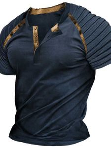 Rukas gömlek Henly T-Shirt Reglan Keten Dokuma Henly Dış Mekan Kısa Kollu Panel Pileli Giyim Moda Günlük Orijinal Desen