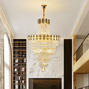 Avizeler el büyük asmak lamba altın k9 özel modern uzun kolye lüks merdiven kristal avize ışık oturma odası yüksek tavanlar