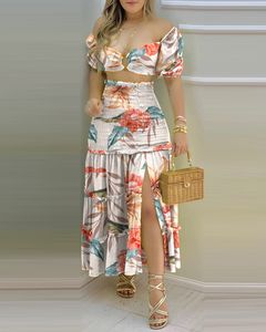 İki parçalı elbise yaz moda tatili çiçek baskısı o boyun mahsul üst shirr yarık yüksek bel kadın maksi etek setleri 230509