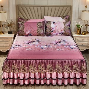 Bed Skirt Luxury Lace Smooth Cool Summer Bedspread Ice Silk mat Home Bed Skirt Pillowcase Bed Sheets Lce Silk Embroidery Bed Spreads 230510