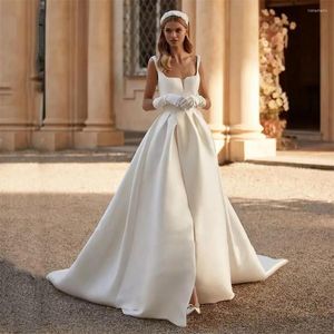 Wedding Dress Square Collar A-Line Mono Bridal Dresses Gowns Vintage Satin Side Slit Sleeveless Princess Bride Vestidos De Novia