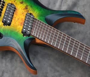 Yeni yedi telli başsız elektro gitar, yeşil pop renkli kızartma akçaağaç boyun-