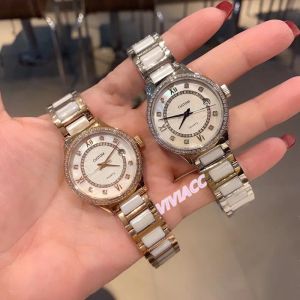 Klasik Kadınlar Kristal Beyaz Seramik İzleme 32mm Gül Altın Elmas Çerçeve Roma Saat Bayanlar Geometrik Daire Kuvars Takvim Bileği Saati
