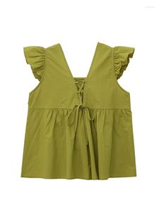 Женская блузская рубашка с короткими рукавами зеленый блуз V-образный вырезы