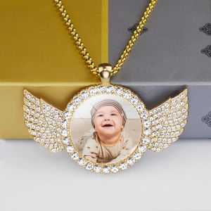 Photo de bebê personalizado Pingente de Angel Wings com Rhinestones Colar Long Chain Jóias de Imagem de Dome de vidro personalizado