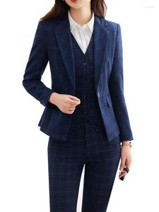 Женские брюки с двумя частями голубые клетки формальный жилет пиджаков и брюки женский униформ проект 3 сета для офисной леди деловой карьеры.