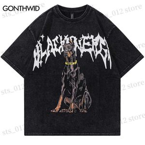Мужские футболки винтажные панк-футболки уличная одежда хип-хоп доберман для собак животный графический принт готика вымытая футболка Harajuku Fashion Casual Top Tee T230512