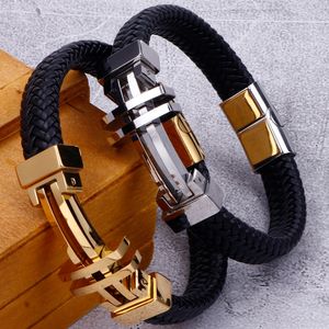 Corrente de 11 mm de couro trançado de couro para homens para homens banhados de ouro em aço inoxidável charme masculino de pulseiras cruzadas de faixas de mão feitas à mão Jóias 230511