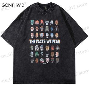 Men's T-Shirts Hip Hop Vintage T Shirt Men Harajuku Japanese Anime Cartoon Faces Print Punk Gothic Tshirt 2023 Casual Cotton Washed Tee Tops T230512