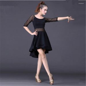Sahne Giyin Kadınlar İçin Latin Dans Elbisesi Siyah Yarım Kollu Profesyonel Sumba Dans Etek Yetişkin Rumba Elbiseler