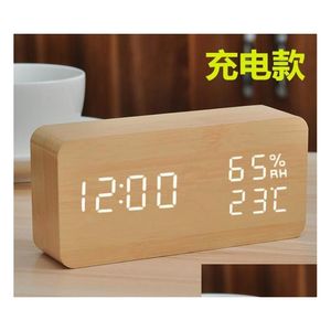 Other Clocks Accessories Alarm Bell Creative Electronic Led Wood Clock Sound Control Gift Medium Rectangar Temperature And Humidit Dhofl