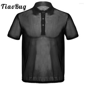 Camisetas de hombre TiaoBug negro para hombre moda de verano de manga corta cuello vuelto malla fina transparente suave camiseta Tops Sexy hombres Fishnet