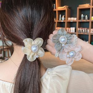 Saç Aksesuarları Organza Elastik İnci Saç Bantları Çiçek Bantları Halatlar Kadınlar İçin Scrunchies Rhinestone Ponytail Tutucu Kauçuk