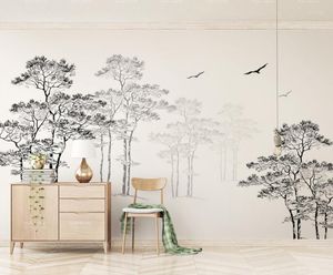 Обои Cjsir Custom Wallpaper Черно -белый набросок минималистичный абстрактный дерево птиц телевизор Фон 3D папел де парня декор