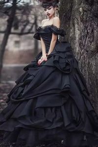 Vintage Gotik Siyah Gelinlik Omzundan Dürüst Saplamalı Etek Retro Gelin Mariage Elbiseler Açık Mekan Uzun Gelin Gowns