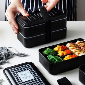 Bento Boxes Japan Bento Lunch Box Portable Black Double Sloer Thermal Food Container Creative для взрослого ребенка Lunchbox Микроволновая посуда 2000 мл 230515