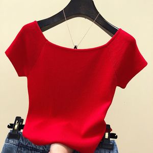 T-shirt feminina malha de malha coreana T-shirt Mulheres de verão Tops Slim Fit Sleeve Sleeve Roups Off Shoukder 230515