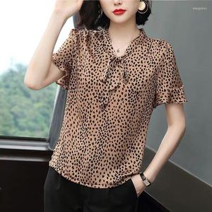 Kadınlar Blouses Kadınlar Bahar Yaz tarzı Şifon Gömlek Lady Rahat Kısa Kollu Leopar Baskılı Taç Tie Blusas Üstler ZZ0228