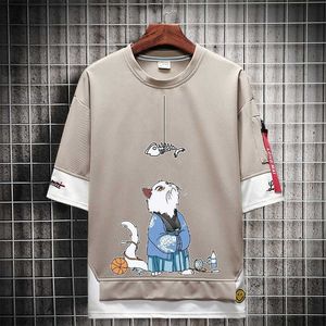 Erkek Tişörtler Hip Hop Kahaki T gömlek Kısa Kol Kawaii Harajuku Kedi Tişörtleri Moda Tee Street Giyim Japonya Yüksek Sokak Gömlek Erkekler 2021 Tops L230515