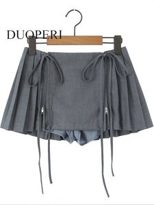 Skirts DUOPERI Women Fashion Solid Lace Up Pleated Front Zipper Mini Vintage High Waist Female Chic Lady Short Skirt 230516