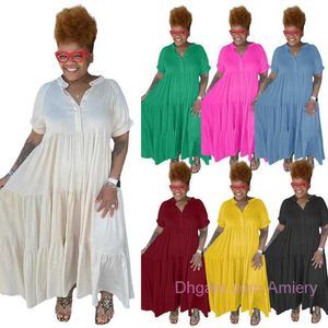 Artı Boyut Kadın Giysileri Sıradan Elbiseler 3xl 4xl 5xl Büyük Moda Düğmesi Kamı Düz ​​Renk Kısa Kol Uzun Elbise Etek Bayanlar Kıyafetleri