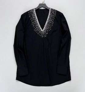 Kadınlar Bloomes 2023 Bahar Moda Gömlek V Yez Kristal Taşıyılmış Pamuk-Poplin Siyah Üstler Bluz Kadınlar