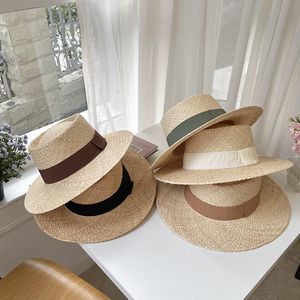 Geniş Memlu Şapkalar Kova Saf El dokuma Rafya Düz Kapak Basit Moda Renk Şerit Kadın Şapkası Açık Plaj Seyahat Güneş Toptan Nokta 230515