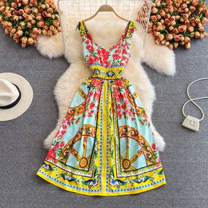 Temel gündelik elbiseler Banulin moda pisti yaz vintage parti spagetti kayış baskılı yüksek elastik bel aline dizlik 230516
