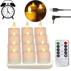 Candele Ricaricabili Telecomando LED Luci da tè senza fiamma a batteria Tealight tremolanti realistici con stoppino mobile 230515