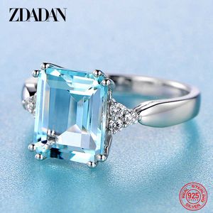 Anéis de banda Zdadan 925 Sterling Silver Fashion Aquamarine Gemstone Ring for Women Wedding Party Jewelry Gifts Wholesale J230517