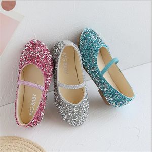 Sneakers Sepatu Kulit Fashion Kristal Flat Balet Anak Perempuan Pesta Dansa Bayi Putri Berkilau Emas Anak anak 230516