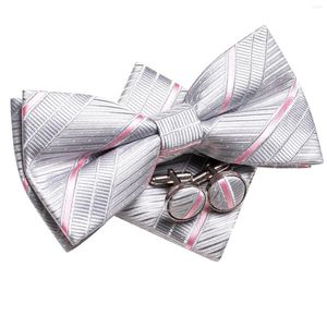 Галстуки Hi-Tie Silver Silk Mens Tie Tie Hanky ​​Links Set Set Pre-Snieed Butterfly Knot Jacquard Bowtie для мужского свадебного бизнеса