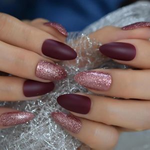 24Pcs Mix Rose Gold Glitter Frosted Burgundy Matte Stiletto Full Cover Almond Finished Pre-Design False Nail Tips