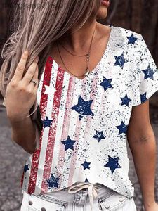 Женская футболка горячая продажа женской независимости День Независимости Печать с короткими рукавами футболка V-образного выреза V-образной индивидуальной T230517