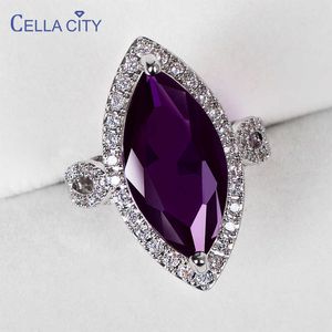 Bant Yüzük Hücre Klasik Gümüş 925 Halkalar 10*20mm Büyük Ametist Taş At Gözü Zircon Lady Fine Jewelry Kadın Parti Toptan J230517