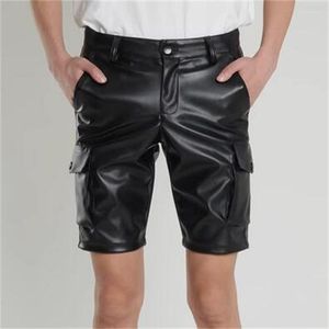 Erkek şort yaz unisex deri pantolon erkekler kadın elastik siyah beyaz moda çoklu cepler yüksek görünürlük ince çeyrek pantolon