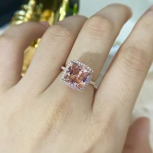 Yan taşlarla S Cincin 4 Karat Berlian Karbon Tinggi Merah Muda Morganite 10 10mm Mewah Perak Utuk Wanita Pertunangan Perhiasan