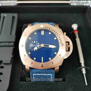 Kutu Kağıtları ile Erkek İzle 47mm Submersible PAM01074 PAM1074 Mavi Dial 18K Gül Altın Deri Bantlar Şeffaf Mekanik Otomatik Erkekler Bilek Swatches