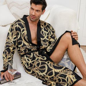 Erkekler pijama bahar yaz erkekler bornoz siyah baskı v yaka kimono bataklık elbisesi kemer gevşek gündelik ipek saten ev aşınma gecelesi