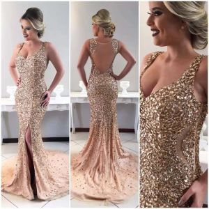 Altın Boncuk Rhinestone Elbiseler Denizkızı Split Uzun Balo Elbiseleri Kadınlar Akşam Pageant Elbise Özel Yapım