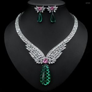 Brincos de colar Set Moda Green Cubic Zirconia Big Pendientes Sets Dubai Wedding Bridal White Gold Color N-1230