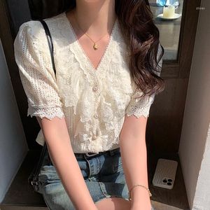 Kadın Bluzlar Moda Fırfır Şifon Gömlek Bayan Zarif Tatlı Düğme Elbise Yaz Dantel Bluz Kore V Yaka Puff Kısa Kollu 25355 Tops
