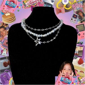 Подвесные ожерелья 2000 -х годов ювелирные украшения синий блеск бриллиант Lmitation Pearl Liedered Ожерелье для женщин Egirl Star Moon Aesthetic Drop Dhf8h