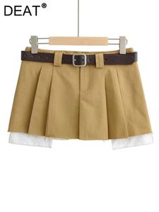 Skirts DEAT 2023 Spring fashion women low waist with belt clothes two pieces pleated mini skirt female short WY57604L 230519