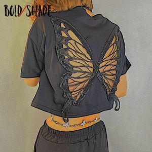 Kadın tişört cesur gölge y2k indie estetik goblincore tişörtler kısa kollu tek renkli kelebek içi boş out mahsul üstleri grunge stil kadınlar üst 230518