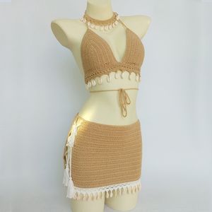 Yüzme Giyim 3pcs Bikini Seti Kadın Tığ kabuğu püskül bikini üst ve deniz kabuğu ayak bileği zinciri seksi plaj etek dantel Slim mini etek 230518 gör