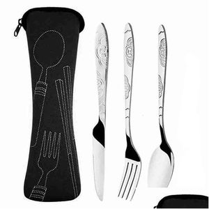 Flatware Sets Stainless Steel 3Pcs Knives/Spoons/Forks Dishwasher Safe Modern Tableware Cutlery Set With Storage Bag For Cam Drop De Dhv3M