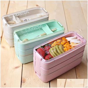 Lunch Boxes Bags Kitchen 900Ml Microwave Box Wheat St Dinnerware Food Storage Container Children Kids School Office Portable Bento D Dhs0G