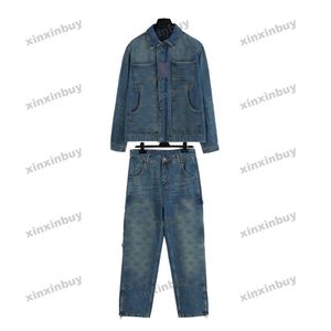 xinxinbuy Casaco masculino designer Jacquard Letra em relevo Conjuntos jacquard jeans manga longa feminino azul preto branco S-XL